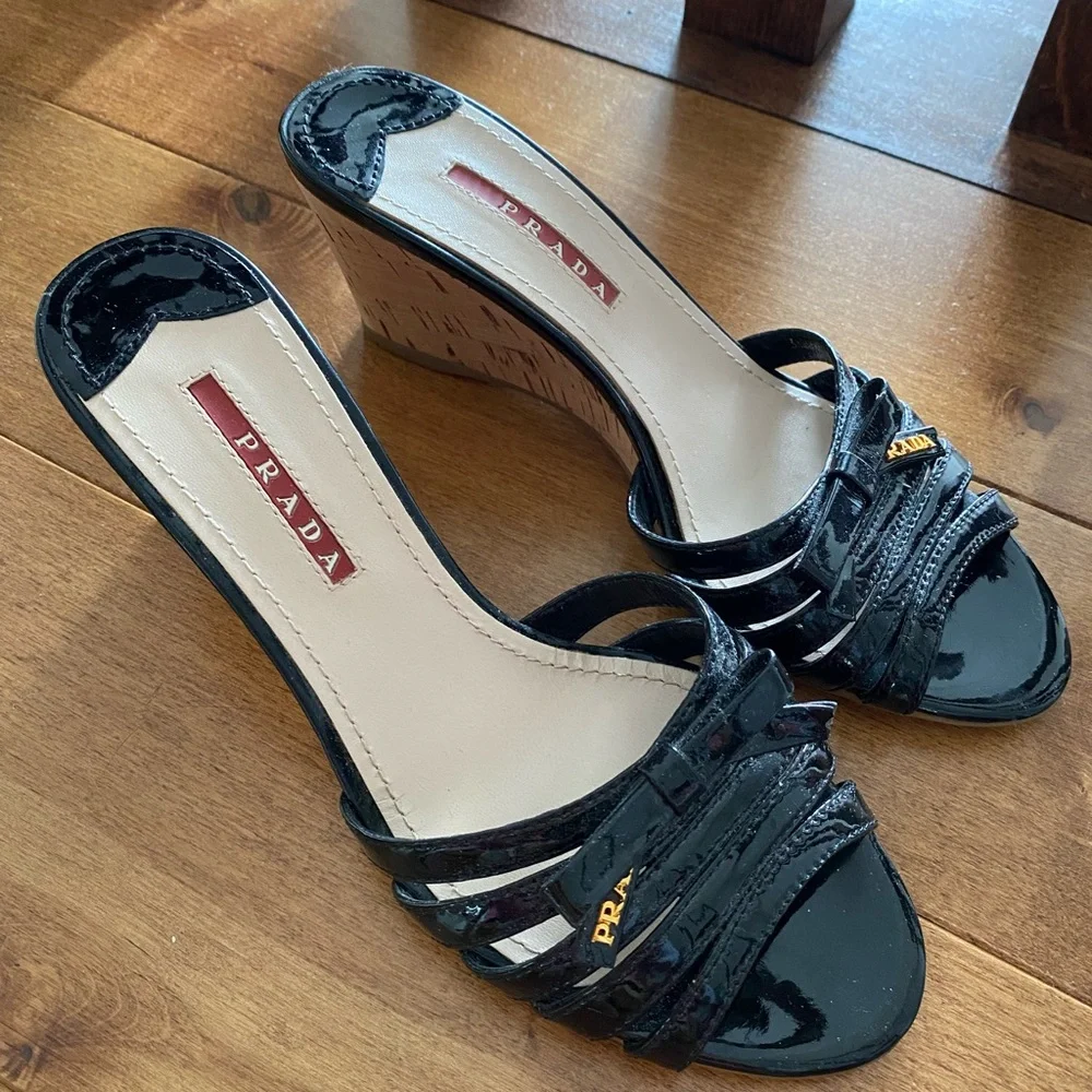 PRADA Black Patent Leather Cork Wedge Heel Sandals - Picture 2 of 5